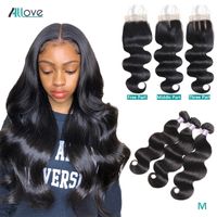 lace closure weaves 2022 - Allove Brazilian Human Hair Bundles Wefts With Lace Closure Peruvian Extensions Deep Loose Wave Curly Body Straight Weave for Women All Ages Natural Black 8-28inch