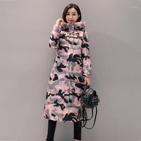 Vendita calda 2018 inverno coreano allentata grande taglia con cappuccio parka donna lunga camouflage down piumino ufficio signora cappotto coat tuta sportiva1