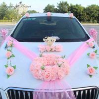 Car Wedding Decor Kit Flower Ball Bow Garland Party Romantic Pink Red Gift Decor 