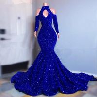 Artı Boyutu Kraliyet Mavi Sequins Mermaid Gelinlik Modelleri Zarif Uzun Kollu Abiye giyim 2022 Kapalı Omuz Kadınlar Örgün Parti Elbise Pro232