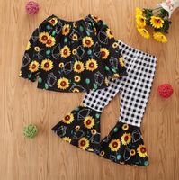 Ropa para niños 2021 Girls Spring Girl Girl Sunflow Top + Lattice Stitching Bell Pantalones de fondo Ropa para niños