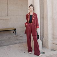 Pantalones de dos piezas de las mujeres Formas de la moda elegante vino rojo 2 trajes Set Blazers y 2021 Primavera Fall Pool Traje Jacket Shoet Outfit 2298