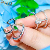 Wedding Rings Pera Fashion Micro Cubic Zirconia Pave Big Hollow Green Oval Adjustable Engagement Open Finger For Women R011