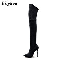 Eillken 2022 зимние женщины сапоги растягивающиеся ткани бедра высокие сапоги мода над сапогами колена на высоком каблуке обувь женщина шить 220214