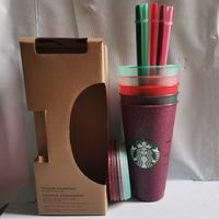 50 unids 24 oz / 710ml Starbucks lentejuelas lentejuelas de plástico reutilizable claro claro plana taza de pilar forma tapa taza de paja bardian