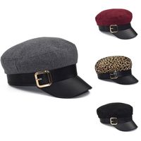 Stingy Brim Hats Women Metal Buckle Woolen Octagonal Cap PU Leather Military Beret Hat Adjustable Solid Autumn Winter Warm Female