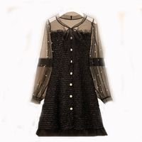 Casual jurken dameskleding elegante 2021 lente en herfst zwarte boog kraag kralen mesh lange mouw Tweed plus size jurk