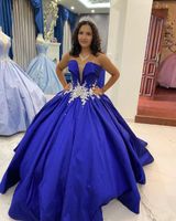 2022 Royal Blue V neck Quinceanera Prom Dresses Ball Gown satin Rhinestones Crystal beaded Glitter Long Evening party Formal Sweet 16 Dress Vestidos 15 Anos
