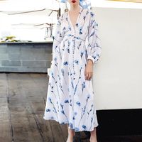 Günlük Elbiseler Gerçek Artı Boyutu Yaz Elbise kadın 2022 Retro Zarif Fransız Uzun Tek Göğüslü Baskılı Uzun Kollu