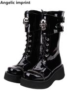 Boots Angelic Imprint Japan Gothic Style Women Motorcycle Cool Punk Lady Lolita Shoes Woman High Heels Pumps Lace Up 33-47 Skull