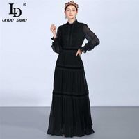 LD Linda Della Fashion Wandway Maxi платья женские длинные рукава кружева лоскутные оборками винтажные черные элегантные вечеринки 210402