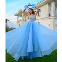 Casual Jurken Mooie Sky Blue Shiny Tule Women to Formal Event Puffy A-line lange mouwloze prom jurken vrouwelijke kleding