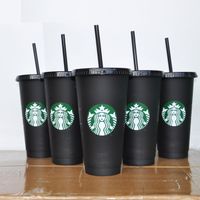 Starbucks 24 oz / 710 ml Plastik Tumbler Kullanımlık Siyah İçme Düz Alt Kupası Ayağı Şekli Kapak Saman Kupa Tumblers Guobini