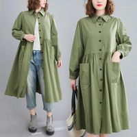 Bahar Hırka Yeşil Gömlek Elbise Down Yaka Gevşek Tek Göğüslü A-Line Rahat Kore Tarzı Bayan Elbiseler