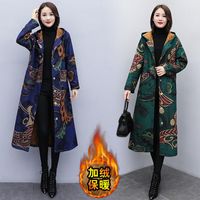 Misturas de lã das mulheres étnica impressa mulheres outono e jaqueta de inverno longo mais veludo engrossar moda windbreaker feminino retro casaco solto f21