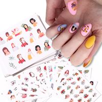 12Pcs/Set Cute Lady Face Image Nail Water Decals Spring Theme Harunouta Geometric Flower Leaves Watermarks Stickers Decoration