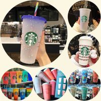 Starbucks 24oz 710ml Plastic Mugs Tumbler Mermaid Goddess Color Change Reusable Clear Drinking Flat Bottom Pillar Shape Lid Straw Cups3JVT