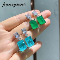 Pansysen Vintage Real 925 стерлингового серебра Paraiba Tourmaline Emerald Diamond Diamond Gemstone Down Серьги Женщины Точные Ювелирные Изделия