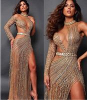 Frauen Tuch Abendkleid Yousef Aljasmi Eine Schulter Split Perlen Quaste Kristall Langarm Labourjoisie Kim Kardashian Kylie Jenner
