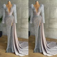 Sparkly Silver Selvagem Sereia vestidos de baile 2021 v pescoço manga comprida alta fenda de luxo mulheres africanas formais vestidos de festa de noite formal