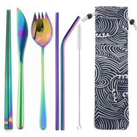 Dinnerware Sets 6pcs set Reusable Rainbow 304 Stainless Steel Metal Straw Portable Fork Chopsticks Set for Travel Outdoor with Bag 211215