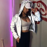 Kadın Ceketler Kadınlar Yansıtıcı Uzun Kollu Hoodie Ceket Zip Up Kazak Ceket Hiphop Rüzgarlık Gece Koşu Parlak Kırpılmış Dış Giyim