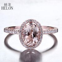 Cluster Rings HELON Real 14k Rose Gold Oval 6x8mm Natural Morganite Ring Pave Diamond Engagement Wedding Women Fine Jewelry