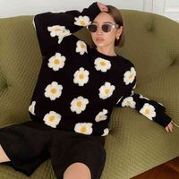 Maglioni da donna maglione lavorato a maglia con margherite, casual manica lunga streetwear per donna, cappotto nero fiori S6S4