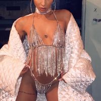 Kadın Eşofman Glitter Kristal Ayarlanabilir Metal Zincir Elmas Iki Parçalı Set Kadın Backless Püskül Kırpma Üst Bikini Thong Beac