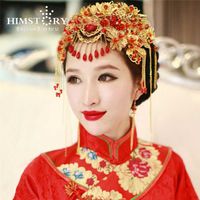 Himstory Vintage Chinese stijl klassieke sieraden Traditionele bruids hoofdtooi bruiloft haar accessoire vergulde Coronet hoofddeksels 211019
