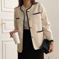 2021 Jesień Winter Biuro Lady Tweed Kurtka Kobiety Koreański Chic Eleganckie Luźne Color-Hit Kieszenie Wysokiej Jakości Wełniany Płaszcz Outwear Na65