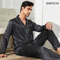 QSROCIO Осенние мужчины Pajamas набор моды в горошек Print Black Sleekswear для мужского шелка, как домашняя одежда ночной белье пары пижама 2111122