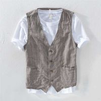 Mans Vintage Linen Suit Vest Slim Material 55%linen + 45%cotton Vest Male Casual Striped thin Waistcoat Vest Asian Size M-3XL 211231