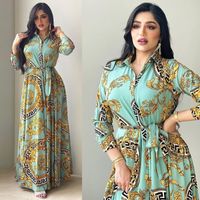 Ethnische Kleidung Mode Französisch Elegante Maxi Kleider Für Frauen Retro Print Muslim Dubai Abaya Revers Einreiher langarm Hemd Kleid Q