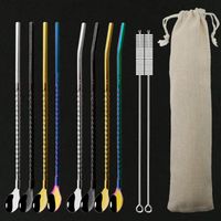 Drinking Straws 8Pcs Reusable Metal Straw Eco Friendly 304 Stainless Steel Spoon With Cleaing Brush Portable Bag