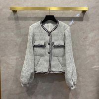 여성용 양모 블렌드 패션 유럽 디자이너 고품질 100 % 실크 라이닝 랜턴 슬리브 O 넥 체크 무늬 트위드 코트 C833