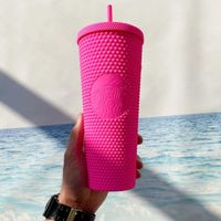 여름 스타 벅스 형광 핑크 핑크색 핑크색 레이저 밀짚 컵 텀블러 대용량 710ml 인어 플라스틱 냉수 커피 머그잔 giftg1e3