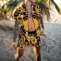 Tracksuits Masculinos Casual Beachwear Homens Dois Parte Sets 2021 Verão Vintage Floral Imprimir Outfits Mens Moda Botões de Lapela Botões e Shorts