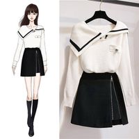 Vestido de dos piezas Ichoix Mujeres 2 faldas Set de estilo coreano Trajes de invierno Suéter blanco + Mini tops de chica con cremallera y