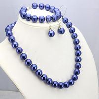 Серьги Ожерелье Темно-синий стеклянный жемчуг набор 12 мм 18 "Браслет 7,5" Серьги Оптовые фото
