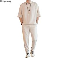 Heren trainingspakken heren linnen katoen zomer pak beige chinese stijl halve mouw shirt + volledige lengte broek dun m-4XL druppel