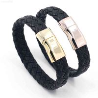 Lyx Mäns Handvävnad Svart Läder Fashion Gold Magnet Buckle Personliga Designer Smycken Armband