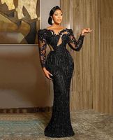Aso Ebi Arabic Plus Size Evening Dresses Black Luxurious Mermaid Prom Dress Lace Beaded Tassel Sheer Neck Formal Party Second Reception Gowns Robe de mariée