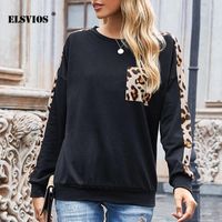 Women's T-Shirt ELSVIOS Sexy Women Fall Winter Leopard Print Pocket O Neck Tops Casual Stripe Long Sleeves Loose Elegant Home T-shirts