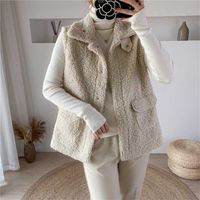 Winter Colete jaquetas de lã de cordeiro engrossar waistcoat quente mulheres recolher colarinho botão escondido bolsos outwear casaco sem mangas 211018