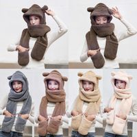Scarves Winter Thick Hooded Scarf With Mittens Little Bear Hat Three Piece Set Plush Gloves 3 Korean Version All-match