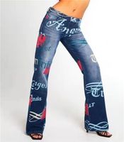 Kadın Kot Moda Mektup Desen Kadınlar Mavi Vintage Streetwear Denim Pantolon Geniş Bacak Pantolon Lady Casual Flared