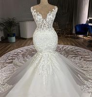 2021 sjöjungfru bröllopsklänning kapell tåg 3d applikationer juvel spets brudklänningar anpassade vestidos de novia