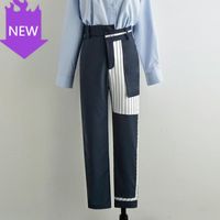 Calças compridas com design de tecido correspondente fashionable 2021 outono listrado cintura alta capris