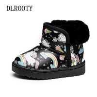 Winter Children Snow Boots Warm Shoes For Boy Girl Cute Cartoons Rainbow Short Plush Flat Baby Kid Outdoor Fashion Ankle